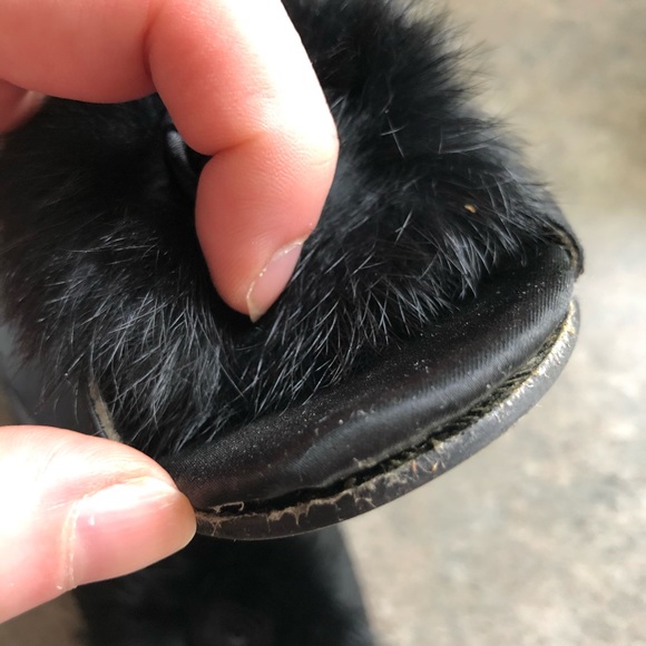 kitten heel satin slippers with rabbit fur - Picture 3 of 4